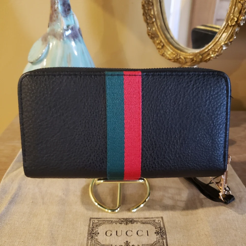 Black Wristlet w/ Gold & Faux Pearl Crystal Bee Red and Green Stripe Ribbon NWT!